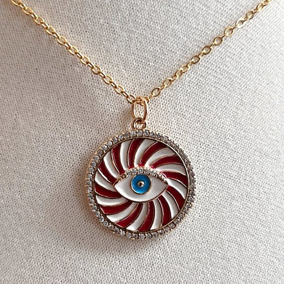 Gold Plated Evil Eye Cubic Zirconia Enamel Charm Pendant Necklace - Picture 1 of 6